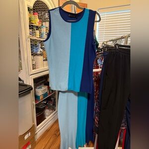 New York & Company Blue Colorblock Top and Skirt (Two Piece Dress)